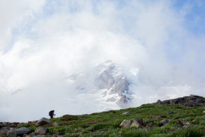 Climbing through wildflowers and meadows as Rainier looms large.